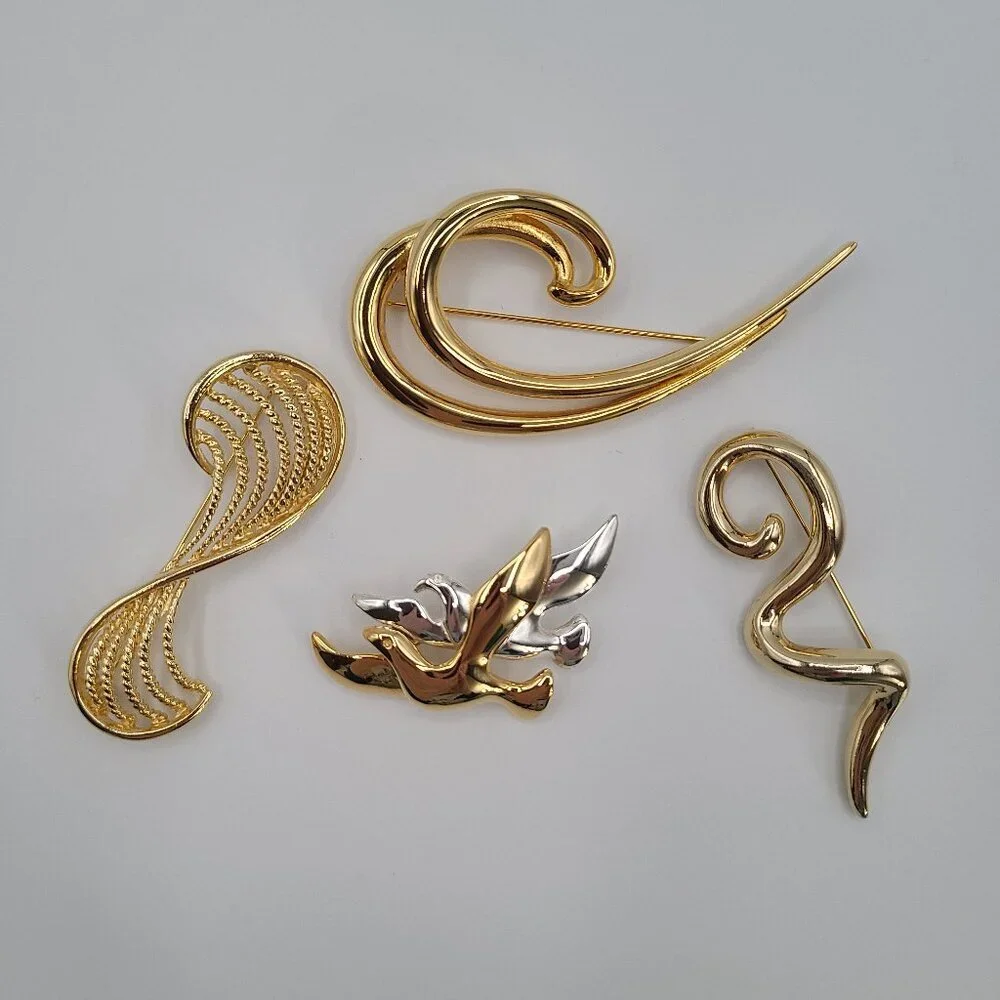 Brooch Pins Gold Tone Swirls - Birds Doves Silver Tone - Lot of 4
